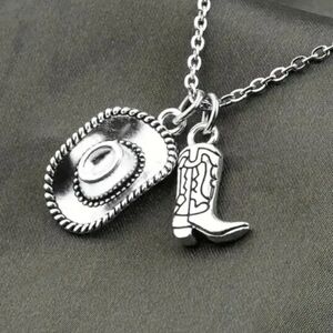 NEW Silver Cowboy Hat and Boot Pendant Necklace